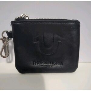 True Religion Small Leather Coin Purse Change Pouch Zipper Wallet Black